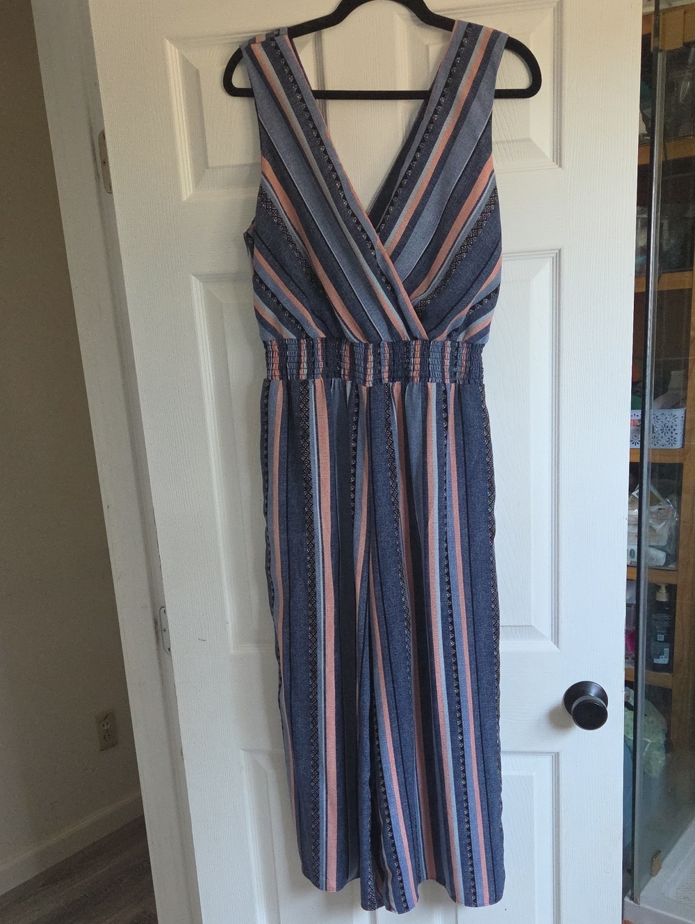 Striped V-Neck Jumpsuit in Navy and Pink